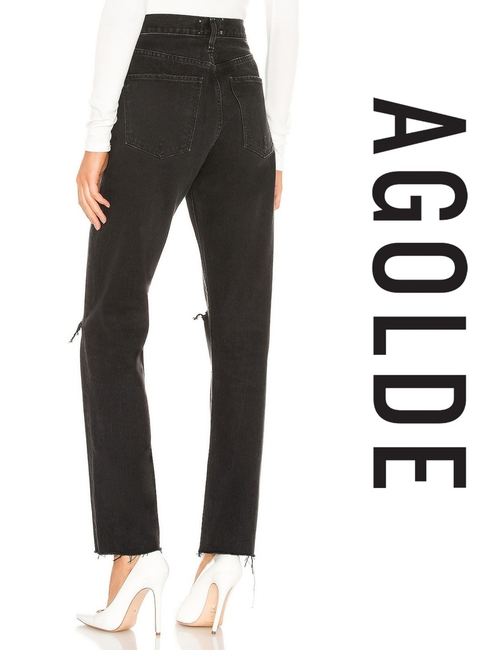 AGOLDE High-Rise Black Distressed Straight-Leg Jeans - Size 25 - Picture 4 of 4